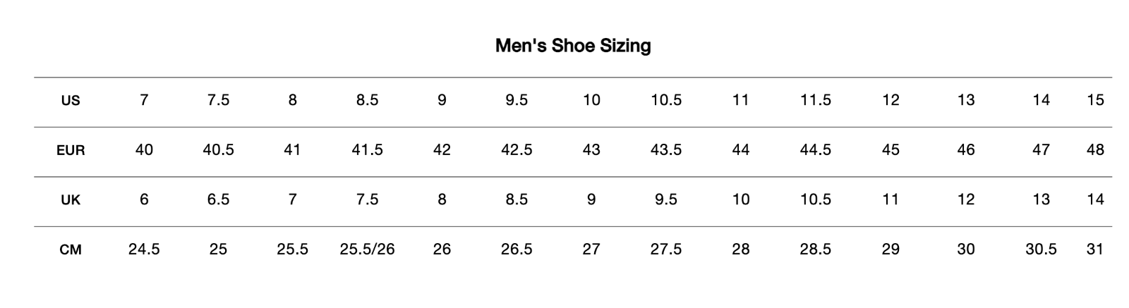 Mens shoe sizing chart