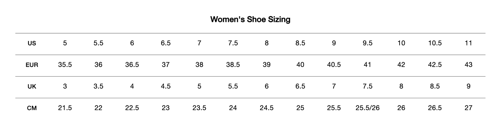 Womens shoe sizing chart